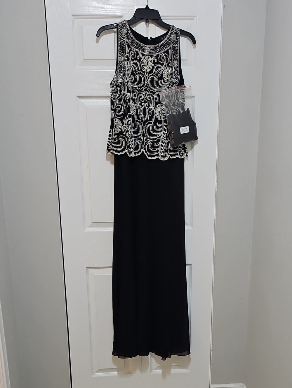 J Kara Black Dress with White Beaded Embroidery
